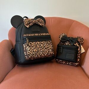 NWT Loungefly DisneyParks Backpack & Belt Bag in black with copper sequins